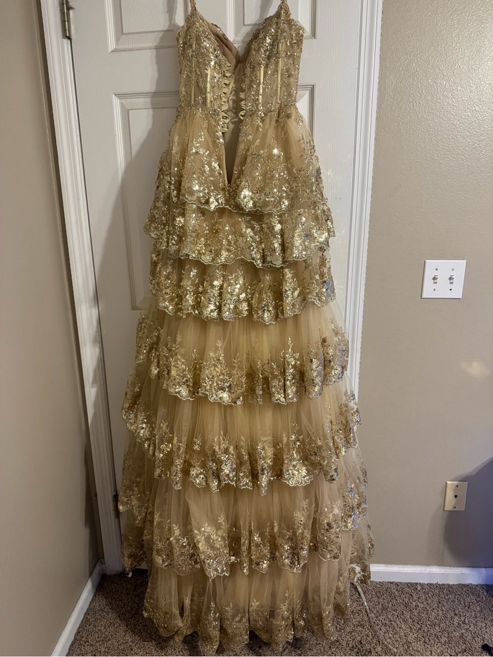 Sherri Hill Champagne Sequin Evening Gown - Picture 2 of 7
